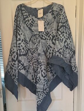 Elena Miro Blue Tie Dye Linen Top Poncho